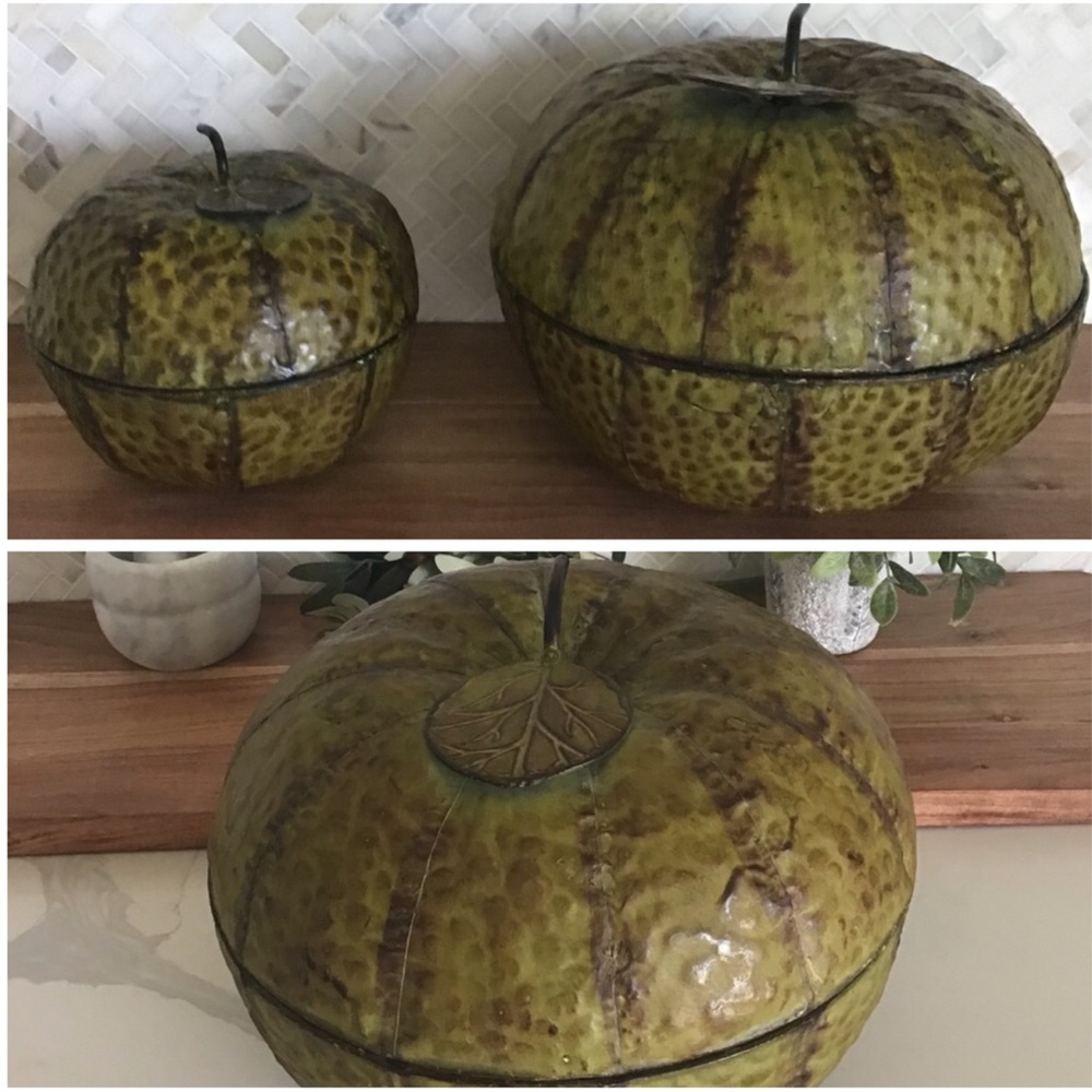 Two (2) Large & One (1) Small Distressed Hammered Metal Green Bowls With Lid